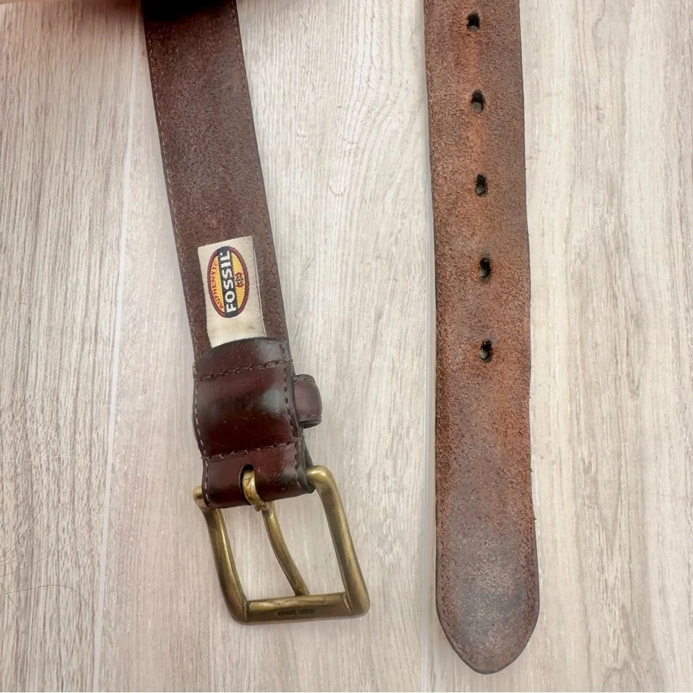 Fossil Men’s Genuine Brown Leather Belt Braided Woven Solid Brass Buckle | Sz 42